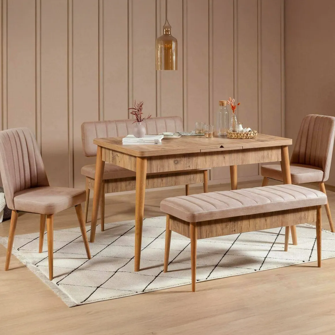Set tavolo allungabile 8 posti 2 sedie e 2 panche in legno - Padru