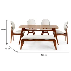 Set Tavolo e Sedie Marrone Noce Bianco Crema 6 Posti Dimensione Seduta Panca: 105x40h48 cm, Sedie: 54x44h90 cm, Dimensione Tavolo 160x78h75 cm