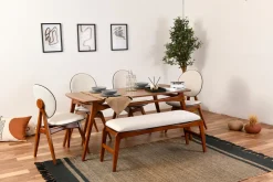 Set Tavolo e Sedie Marrone Noce Bianco Crema 6 Posti Dimensione Seduta Panca: 105x40h48 cm, Sedie: 54x44h90 cm, Dimensione Tavolo 160x78h75 cm