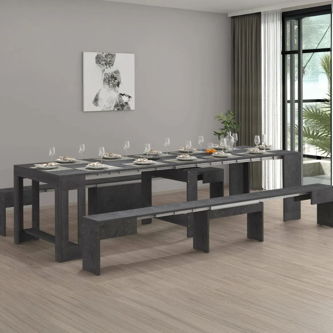 Set tavolo pranzo estensibile e 2 panche estensibili ardesia 12 posti - Auditore