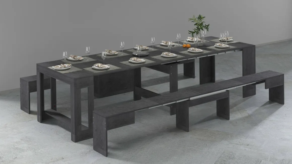 Set tavolo pranzo estensibile e 2 panche estensibili ardesia 12 posti - Auditore