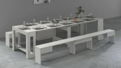 Set tavolo soggiorno estensibile e 2 panche estensibili bianco 12 posti - Auditore