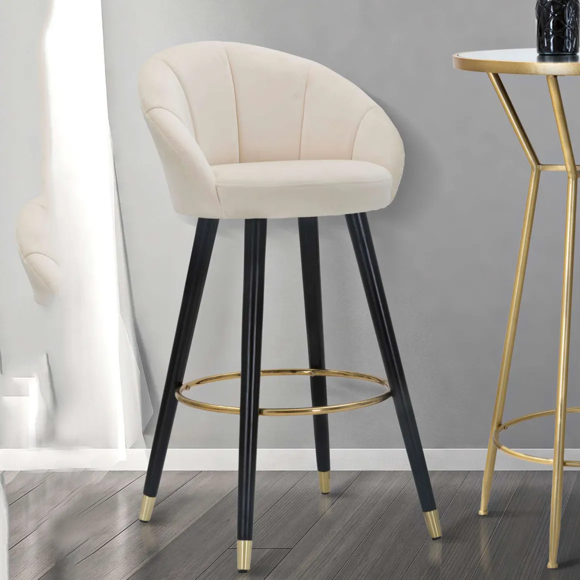 Sgabello Bianco Crema Nero Imbottito Rivestimento in Velluto 55x56x104h cm, Materiale Struttura in Tessuto - Huanca