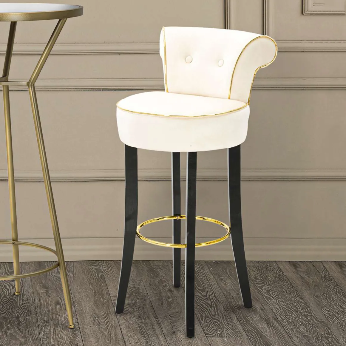 Sgabello Bianco Crema Nero Rivestimento in Velluto Imbottito 46x48x96h cm, Sfumatura Colore Seduta Crema - Tupiza