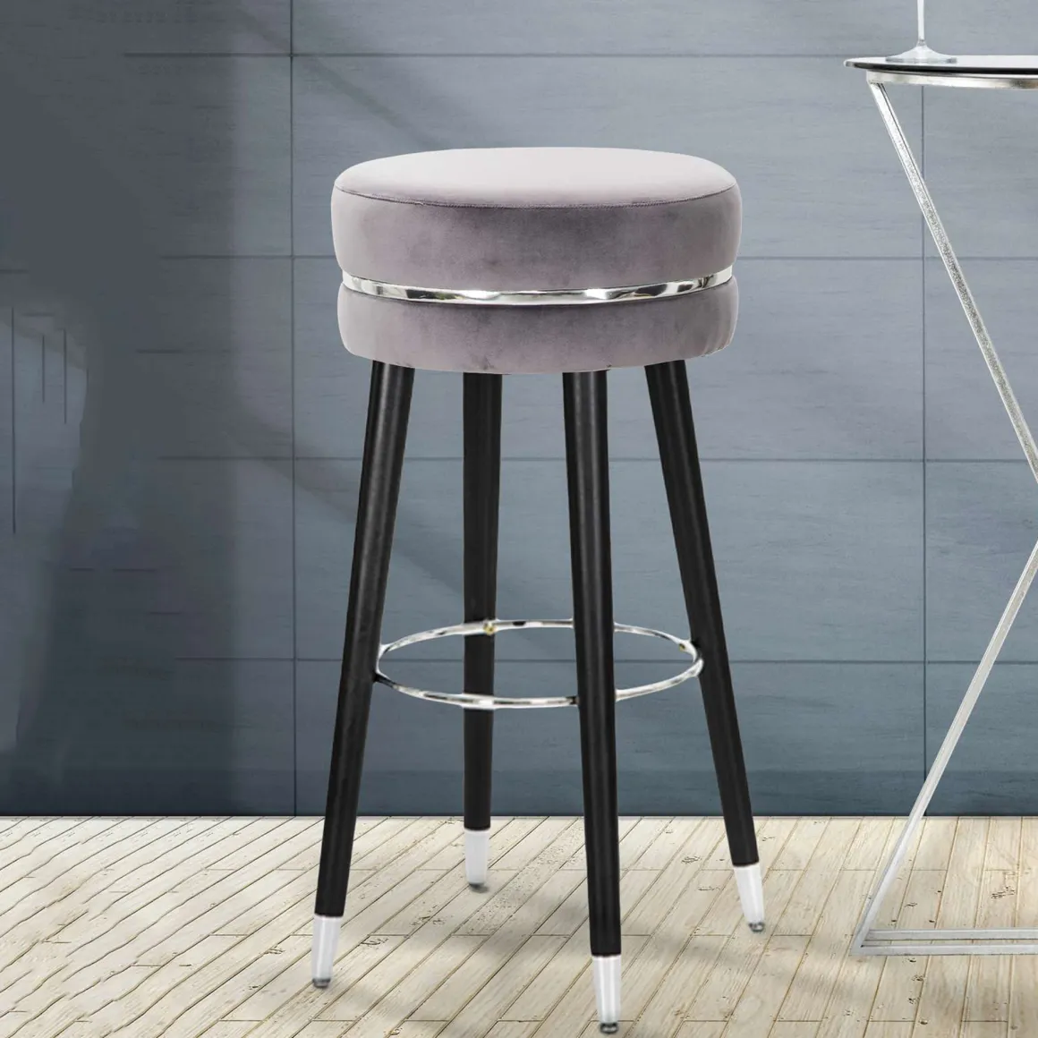 Sgabello Nero Imbottito Rivestimento in Velluto 35x35x74h cm, Materiale Struttura in Legno - Bran
