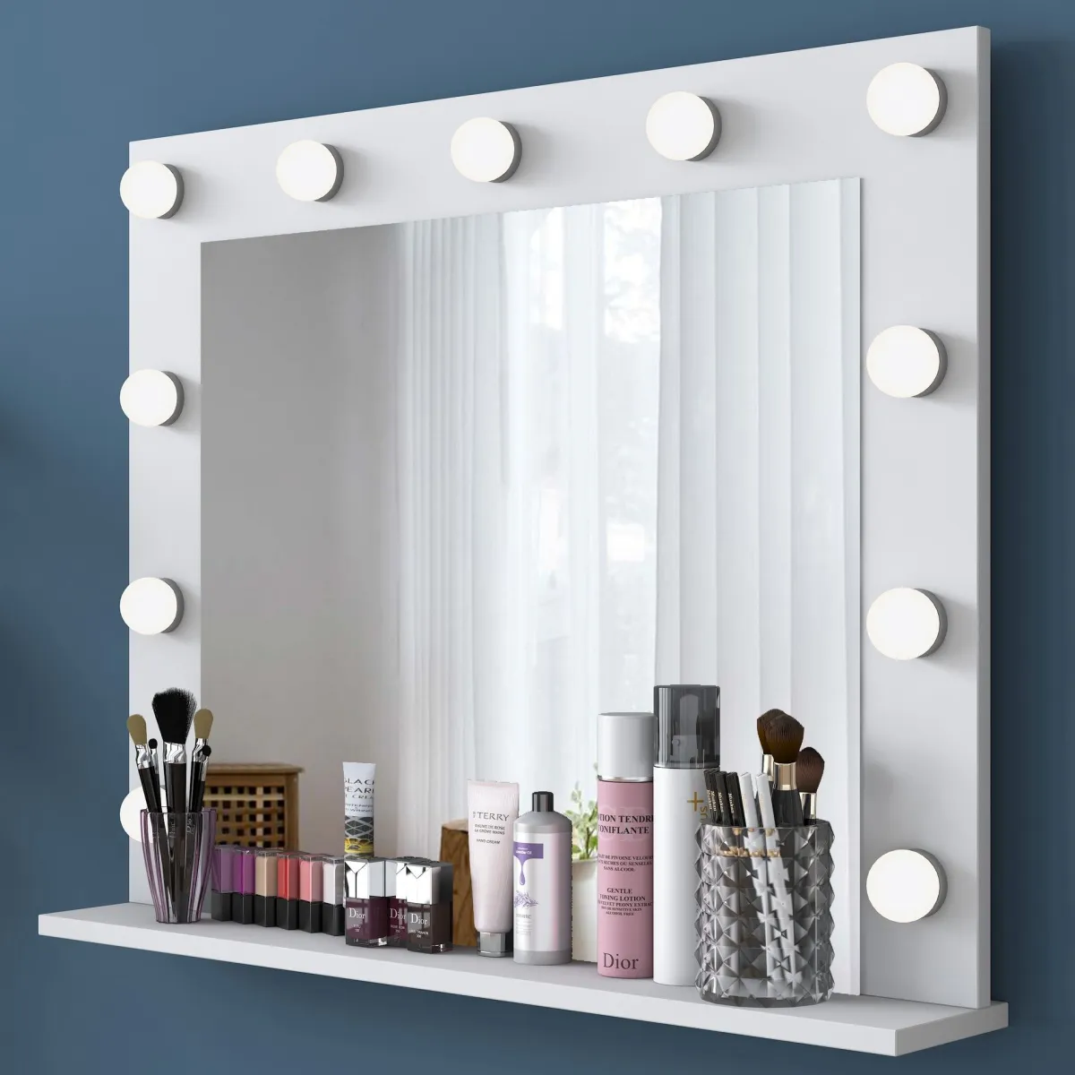 Specchi > Dmora Specchio con Mensola e Lampadine Forma Rettangolare 90x72h cm, Tipologia da Parete - Storo Bianco