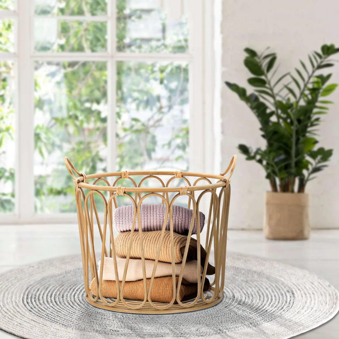 Svuotatasche Marrone Intrecciatura Effetto Rattan Materiale Struttura in Metallo, - Suchit