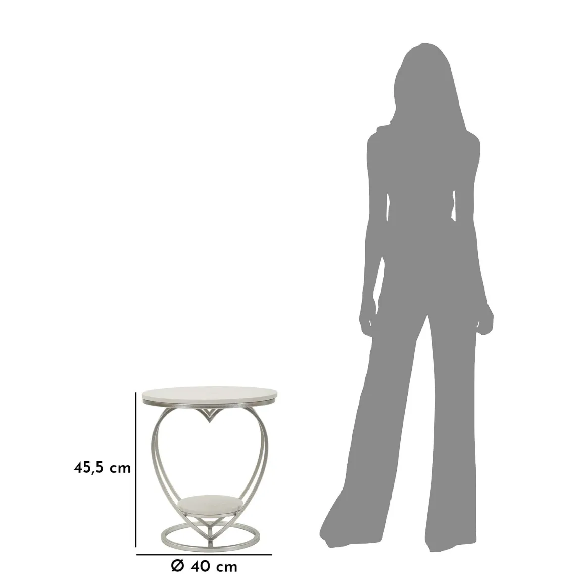 Tavolino da Salotto Argento Bianco Marmo Struttura a Cuore Forma Rotondo 40x40x46h cm, Colore Ripiano Bianco - Masaka
