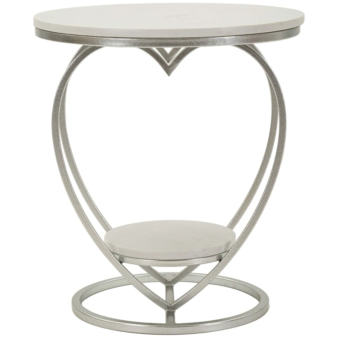 Tavolino da Salotto Argento Bianco Marmo Struttura a Cuore Forma Rotondo 40x40x46h cm, Colore Ripiano Bianco - Masaka