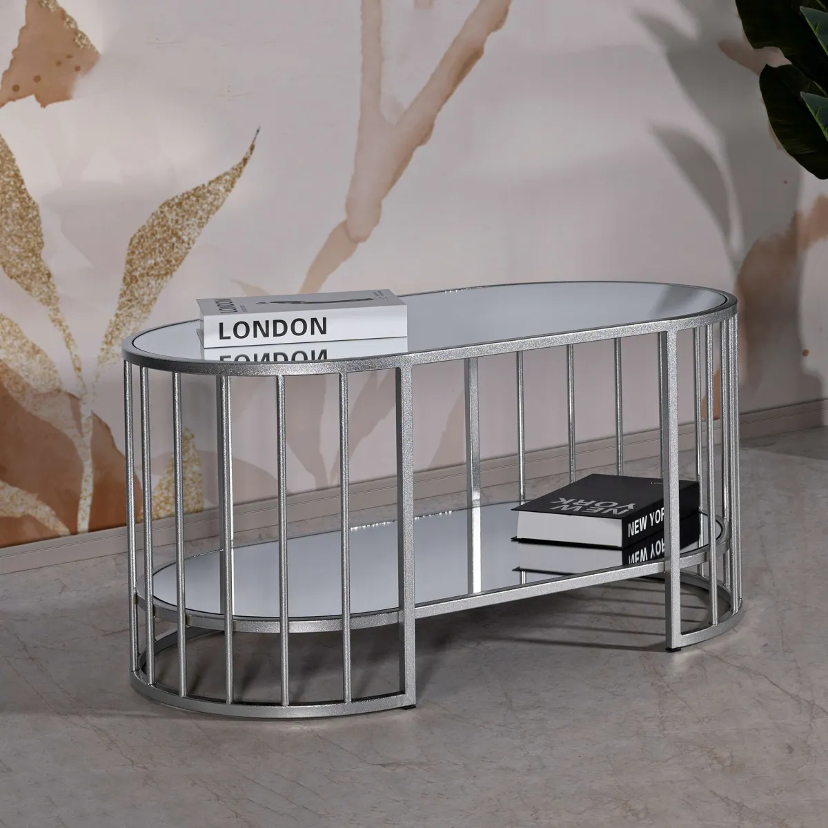 Tavolini Da Salotto > Dmora Tavolino da Salotto Argento Trasparente un Vano Forma Ovale 90x50x45h cm, Colore Ripiano Trasparente - Fafa Trasparente, Argento