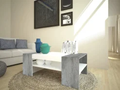 Tavolino da salotto Ashar, cm 110x60h40, Bianco lucido e Cemento