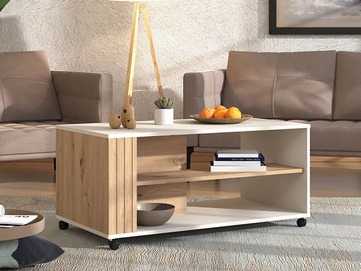 Tavolino da Salotto Beige Marrone Rovere Nodi con Ruote 2 Vani 101x54.5x46h cm, Forma Rettangolare - Dosso