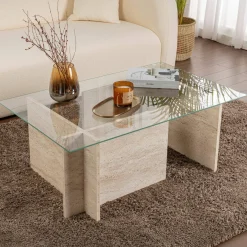 Tavolino da Salotto Beige Portariviste Forma Rettangolare 105x65x40h cm, Materiale Piano in Vetro - Azriel