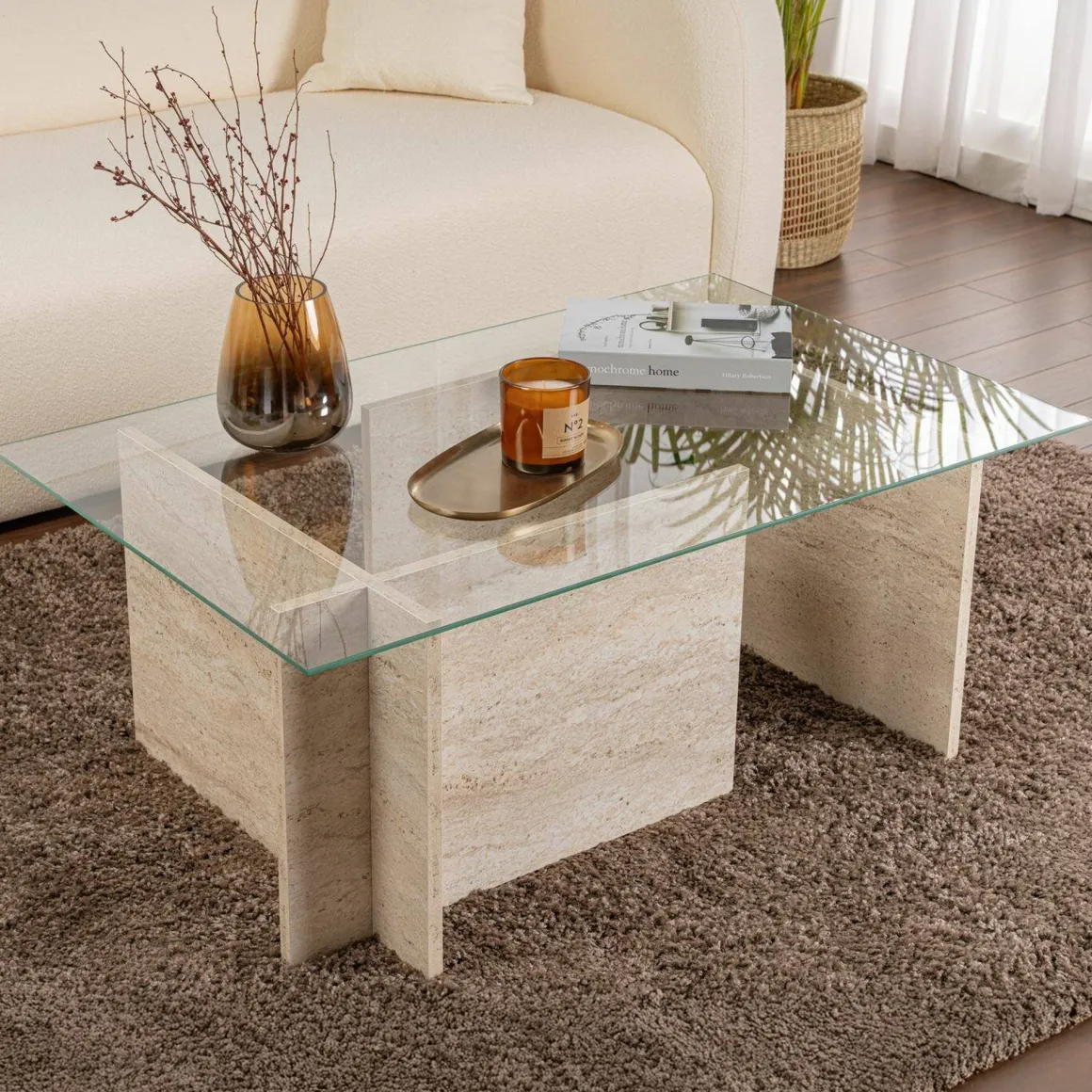 Tavolino da Salotto Beige Portariviste Forma Rettangolare 105x65x40h cm, Materiale Piano in Vetro - Azriel