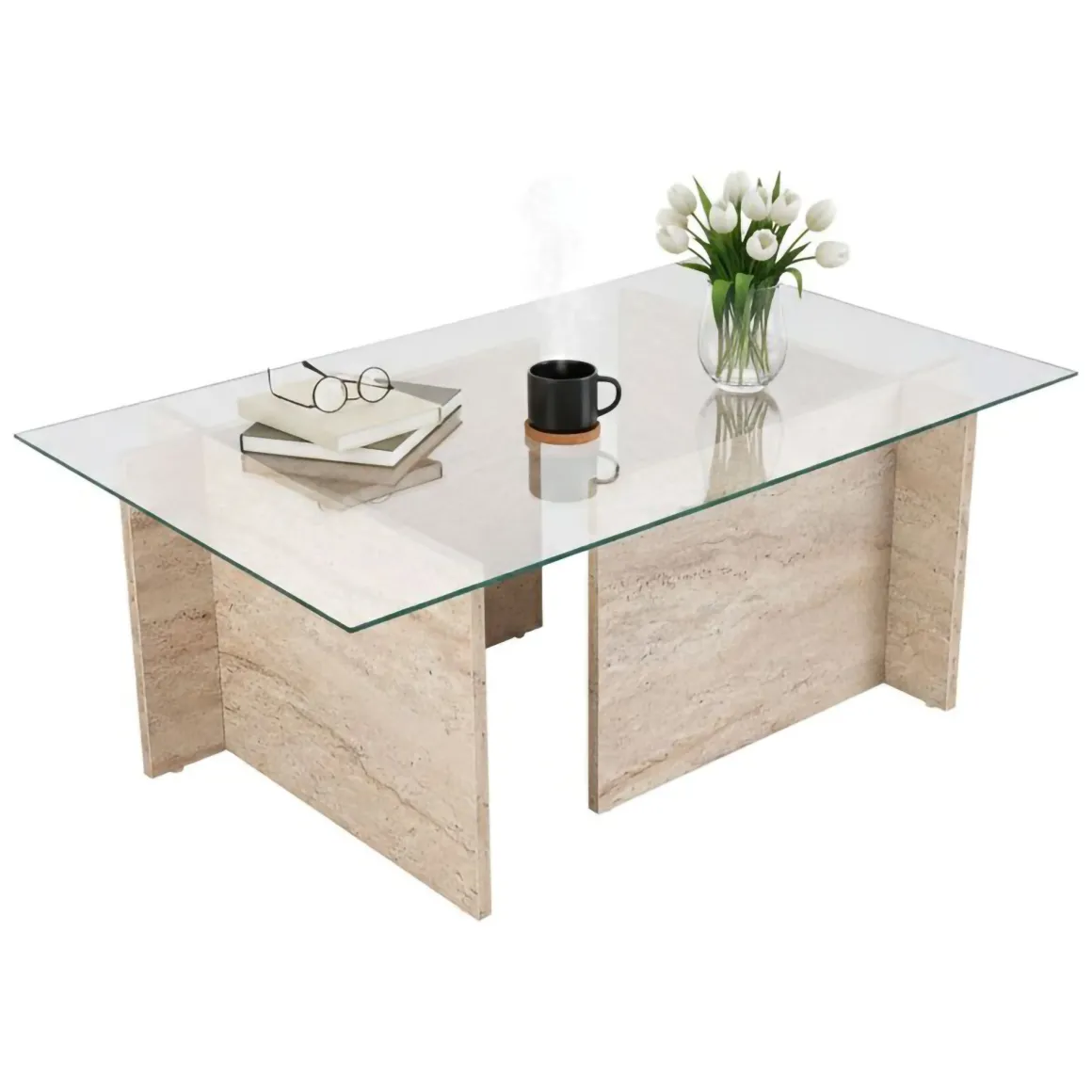 Tavolino da Salotto Beige Portariviste Forma Rettangolare 105x65x40h cm, Materiale Piano in Vetro - Azriel
