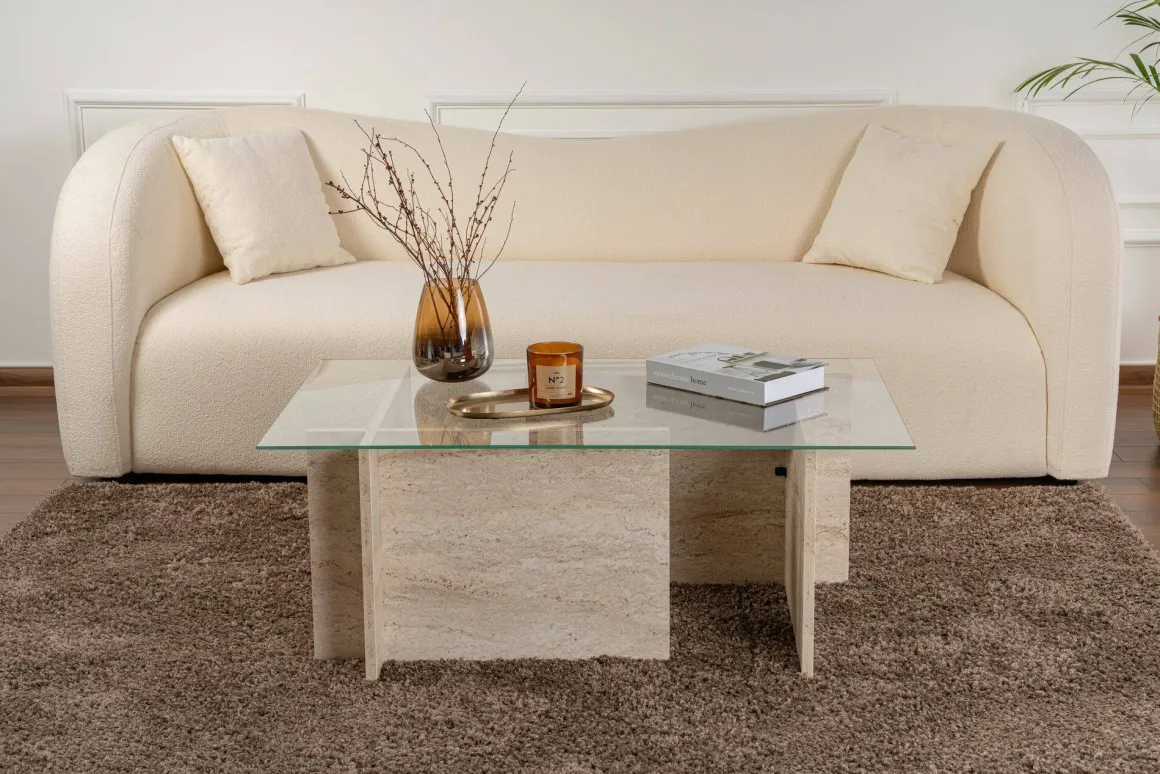 Tavolino da Salotto Beige Portariviste Forma Rettangolare 105x65x40h cm, Materiale Piano in Vetro - Azriel