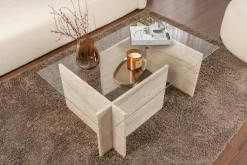 Tavolino da Salotto Beige Portariviste Forma Rettangolare 105x65x40h cm, Materiale Piano in Vetro - Azriel