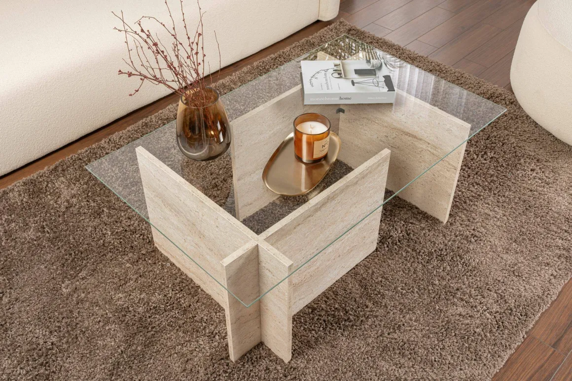 Tavolino da Salotto Beige Portariviste Forma Rettangolare 105x65x40h cm, Materiale Piano in Vetro - Azriel