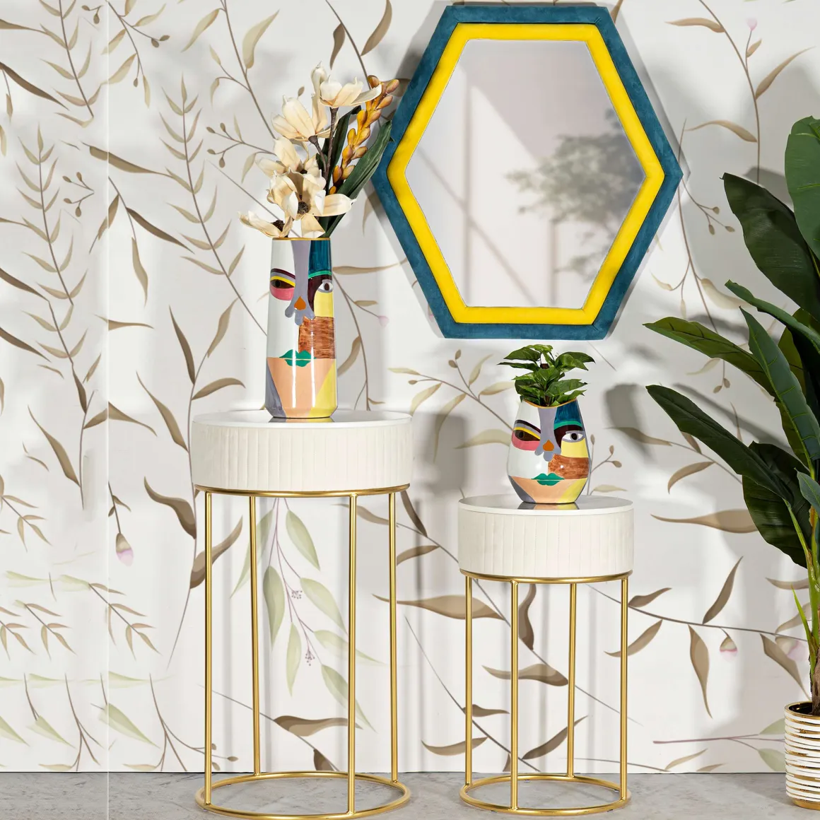 Tavolino da Salotto Bianco Crema oro set da 2 Forma Rotondo 50x50x90h cm, Colore Ripiano Bianco - Davapa