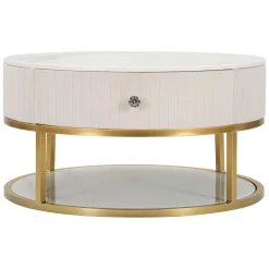 Tavolini Da Salotto > Dmora Tavolino da Salotto Bianco Crema oro un Cassetto Rivestimento in Tessuto Imbottito 75x75x36h cm, un Vano - Dalasida Oro, Bianco Crema