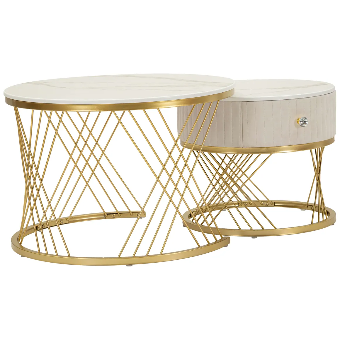 Tavolino da Salotto Bianco Crema oro un Cassetto Rivestimento in Tessuto Imbottito Modulabile 70x70x48h cm, un Vano - Davazate