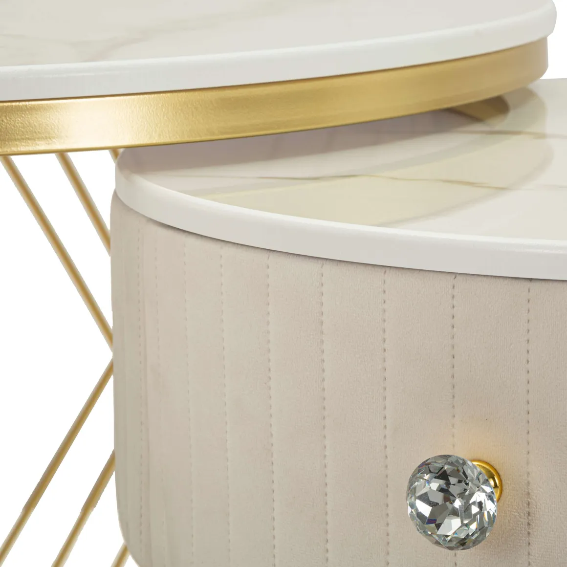 Tavolino da Salotto Bianco Crema oro un Cassetto Rivestimento in Tessuto Imbottito Modulabile 70x70x48h cm, un Vano - Davazate