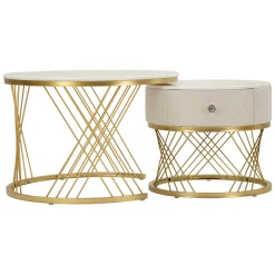 Tavolino da Salotto Bianco Crema oro un Cassetto Rivestimento in Tessuto Imbottito Modulabile 70x70x48h cm, un Vano - Davazate