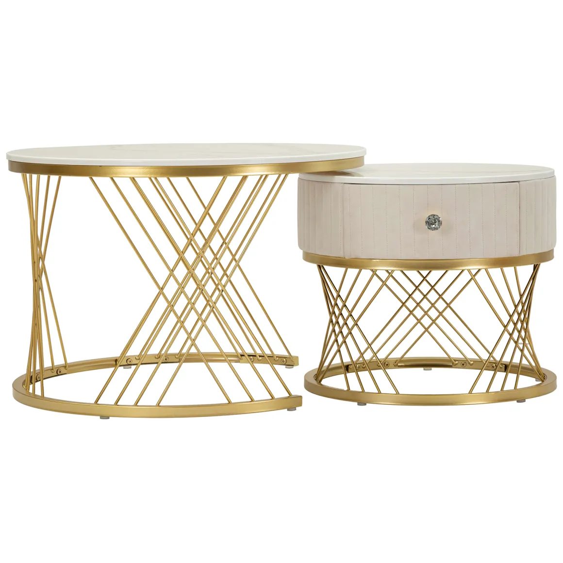 Tavolino da Salotto Bianco Crema oro un Cassetto Rivestimento in Tessuto Imbottito Modulabile 70x70x48h cm, un Vano - Davazate