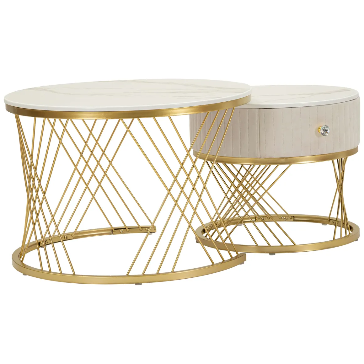 Tavolino da Salotto Bianco Crema oro un Cassetto Rivestimento in Tessuto Imbottito Modulabile 70x70x48h cm, un Vano - Davazate
