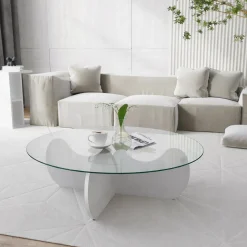 Tavolini Da Salotto|Salotto > Dmora Tavolino da Salotto Effetto Fume Forma Rotonda 90x90x30h cm, Materiale Piano in Vetro - Willow Bianco