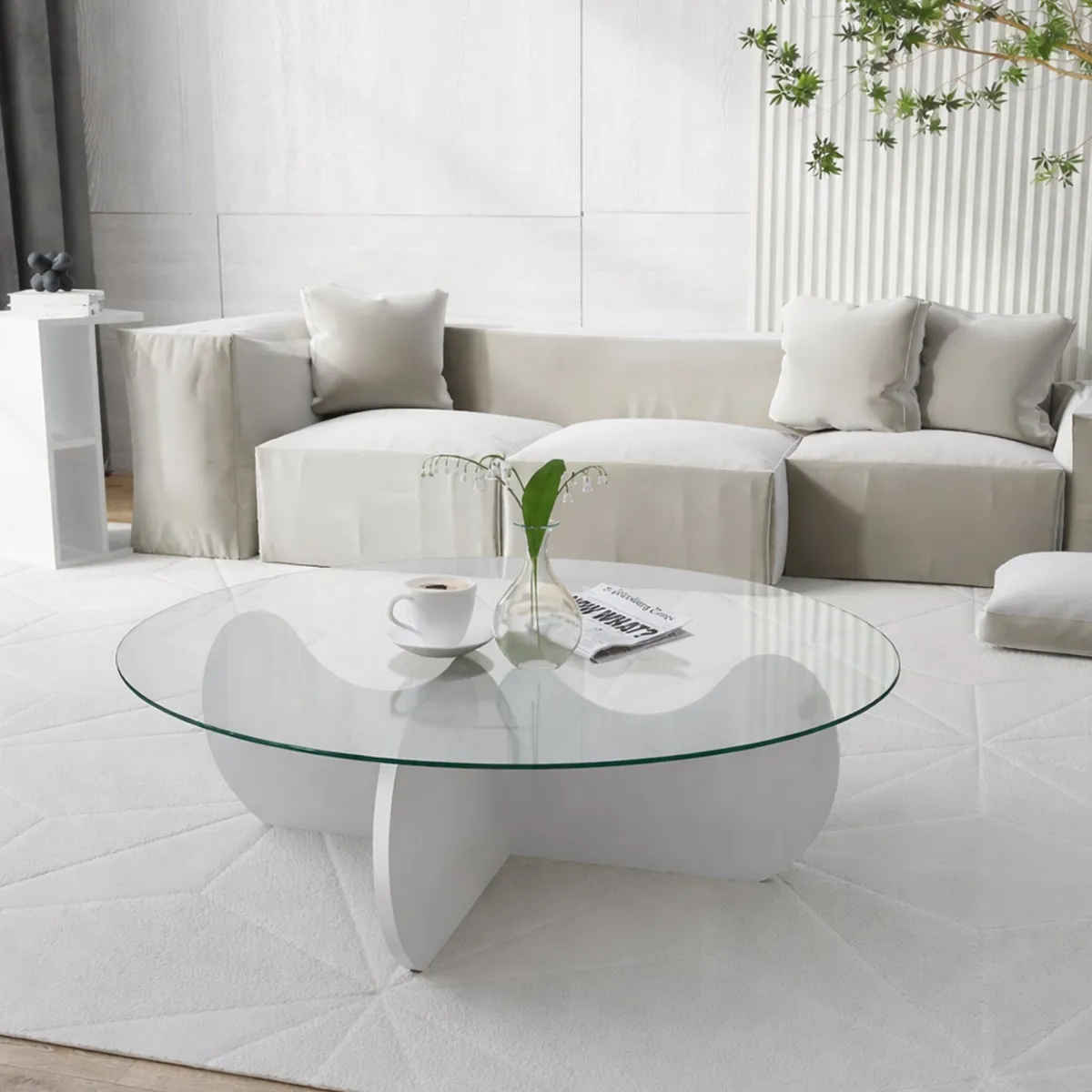 Tavolini Da Salotto|Salotto > Dmora Tavolino da Salotto Effetto Fume Forma Rotonda 90x90x30h cm, Materiale Piano in Vetro - Willow Bianco