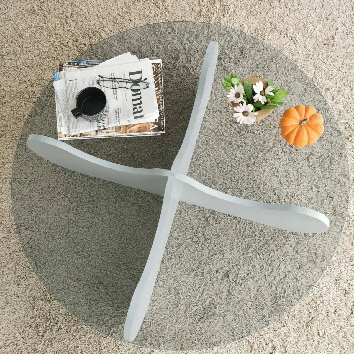Tavolini Da Salotto|Salotto > Dmora Tavolino da Salotto Effetto Fume Forma Rotonda 90x90x30h cm, Materiale Piano in Vetro - Willow Bianco