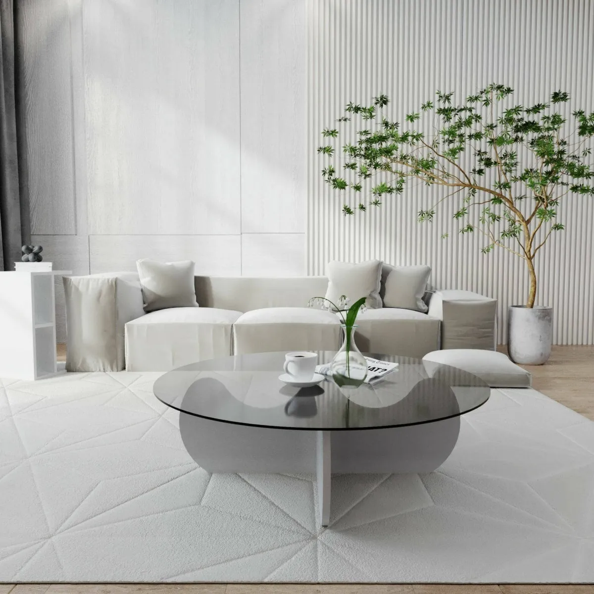 Tavolini Da Salotto|Salotto > Dmora Tavolino da Salotto Effetto Fume Forma Rotonda 90x90x30h cm, Materiale Piano in Vetro - Willow Bianco