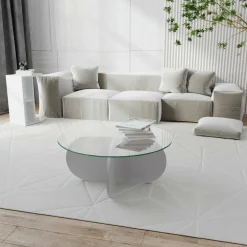 Tavolino da Salotto Bianco Forma Rotonda Materiale Piano in Vetro 75x75x35h cm, Colore Ripiano Trasparente - Nila