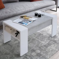 Tavolino da Salotto Bianco Grigio Cemento un Vano Forma Rettangolare 98x50x43h cm, Piano Sollevabile - Corallo