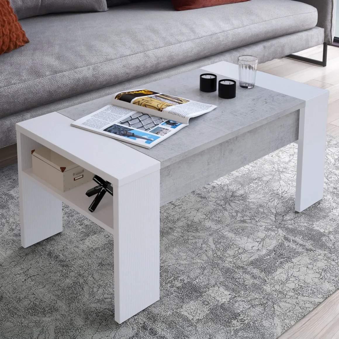 Tavolino da Salotto Bianco Grigio Cemento un Vano Forma Rettangolare 98x50x43h cm, Piano Sollevabile - Corallo