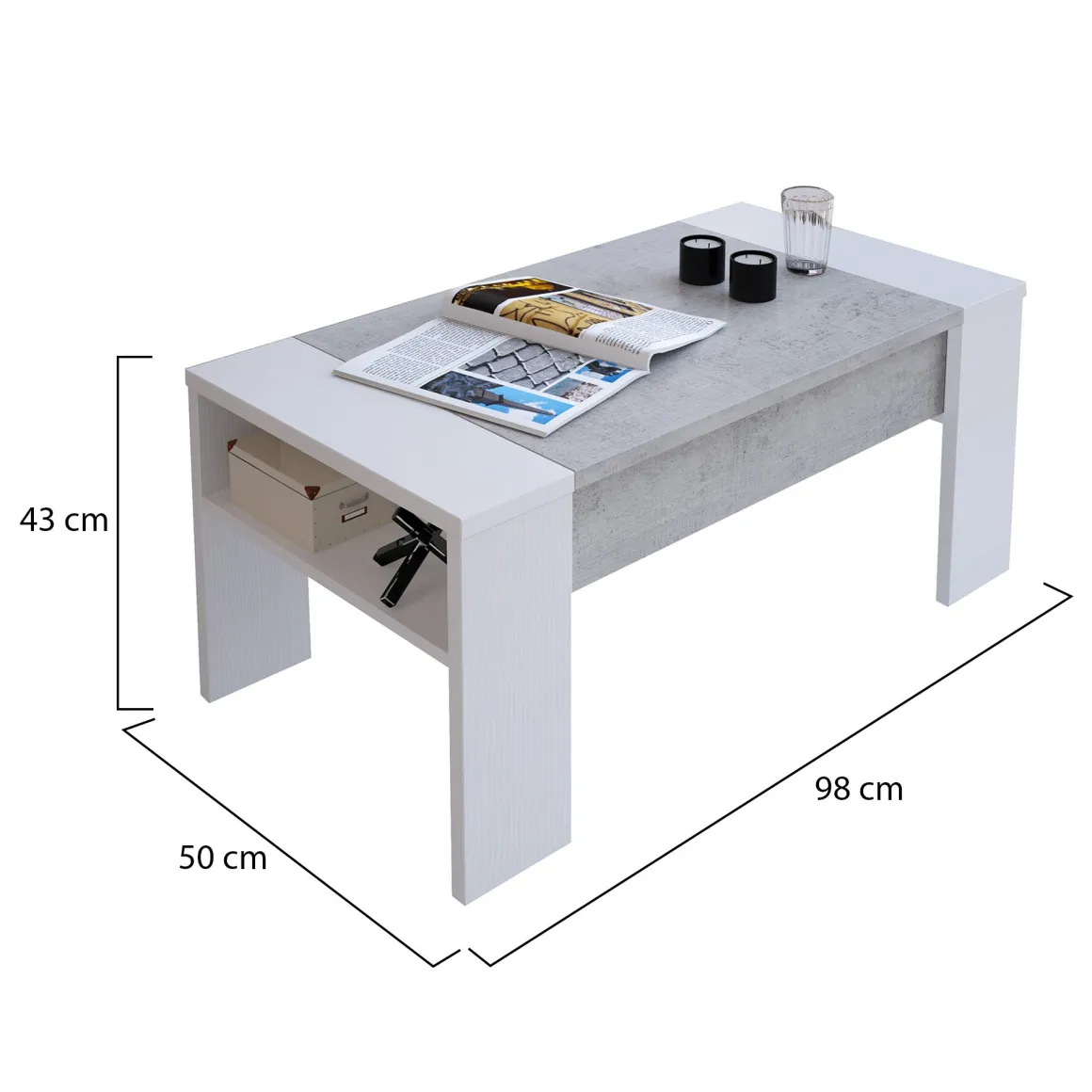 Tavolino da Salotto Bianco Grigio Cemento un Vano Forma Rettangolare 98x50x43h cm, Piano Sollevabile - Corallo