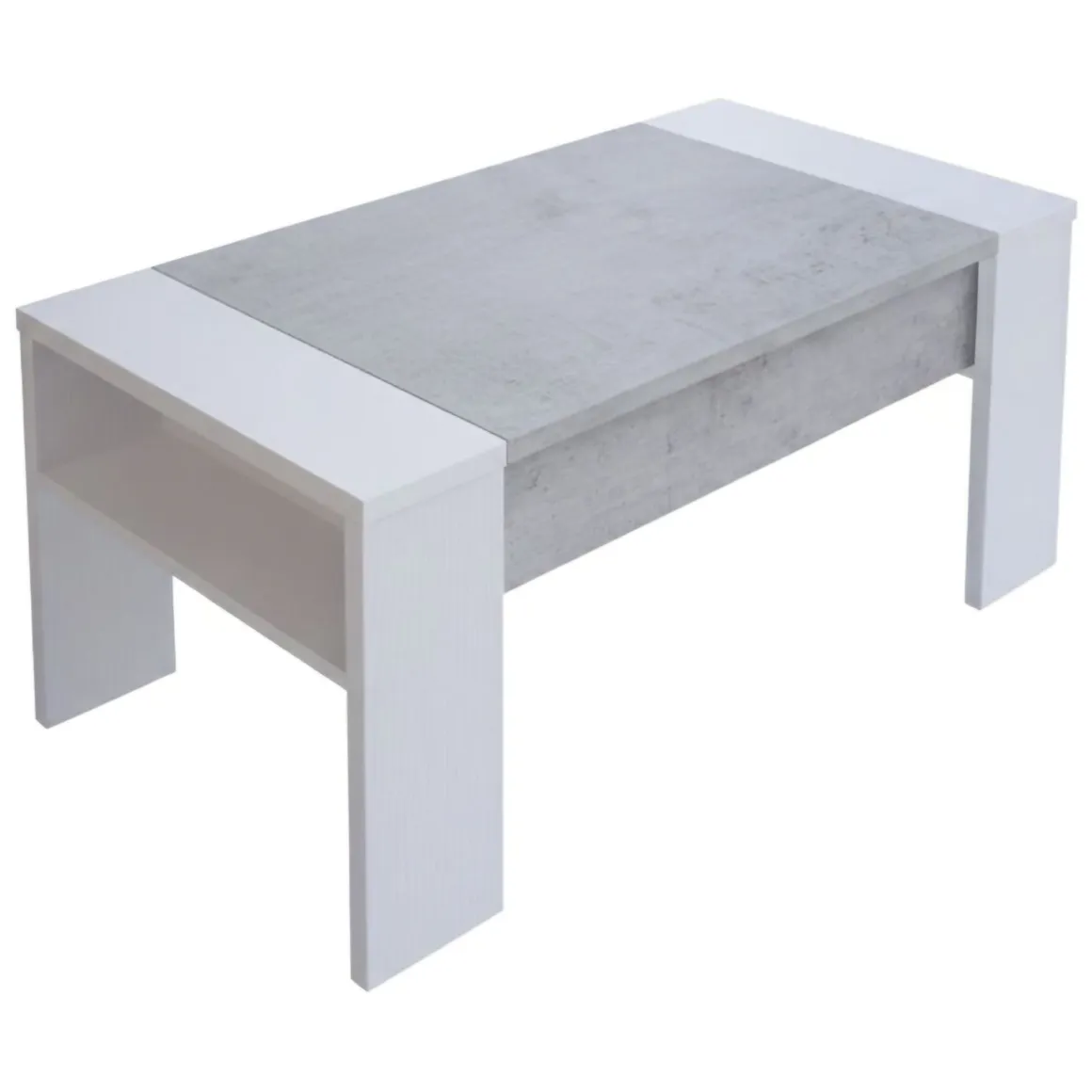 Tavolino da Salotto Bianco Grigio Cemento un Vano Forma Rettangolare 98x50x43h cm, Piano Sollevabile - Corallo