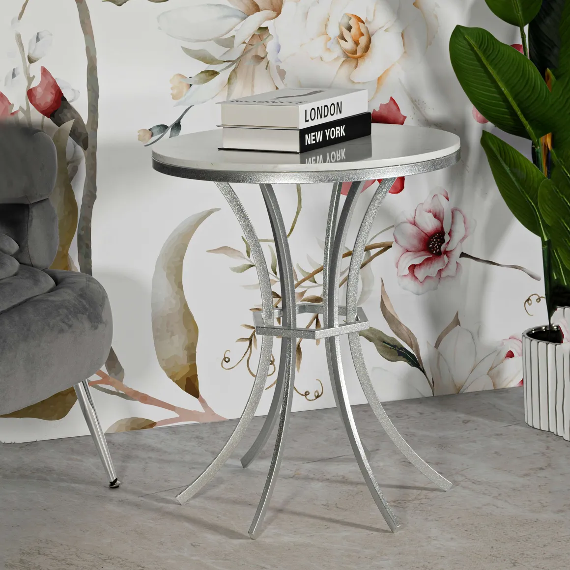 Tavolino da Salotto Bianco Marmo Argento Ripiano Effetto Marmo Forma Rotondo 56x56x68h cm, Colore Ripiano Bianco - Faka