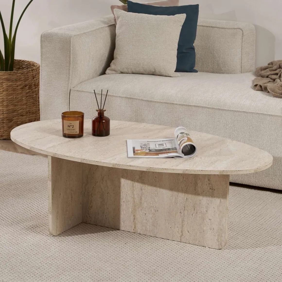 Tavolini Da Salotto > Dmora Tavolino da Salotto Forma Ovale Materiale Piano in Legno Nobilitato 130x65x40h cm, Colore Ripiano Bianco - Dozza Bianco Marmo