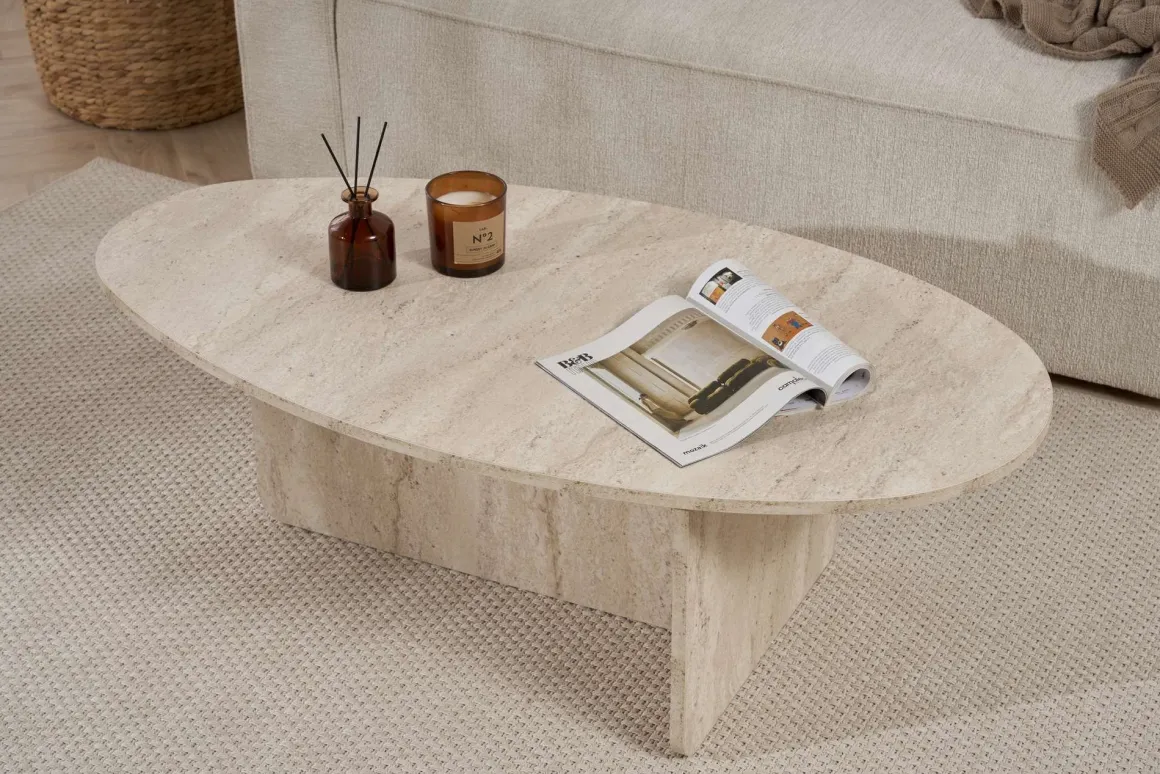 Tavolini Da Salotto > Dmora Tavolino da Salotto Forma Ovale Materiale Piano in Legno Nobilitato 130x65x40h cm, Colore Ripiano Bianco - Dozza Bianco Marmo