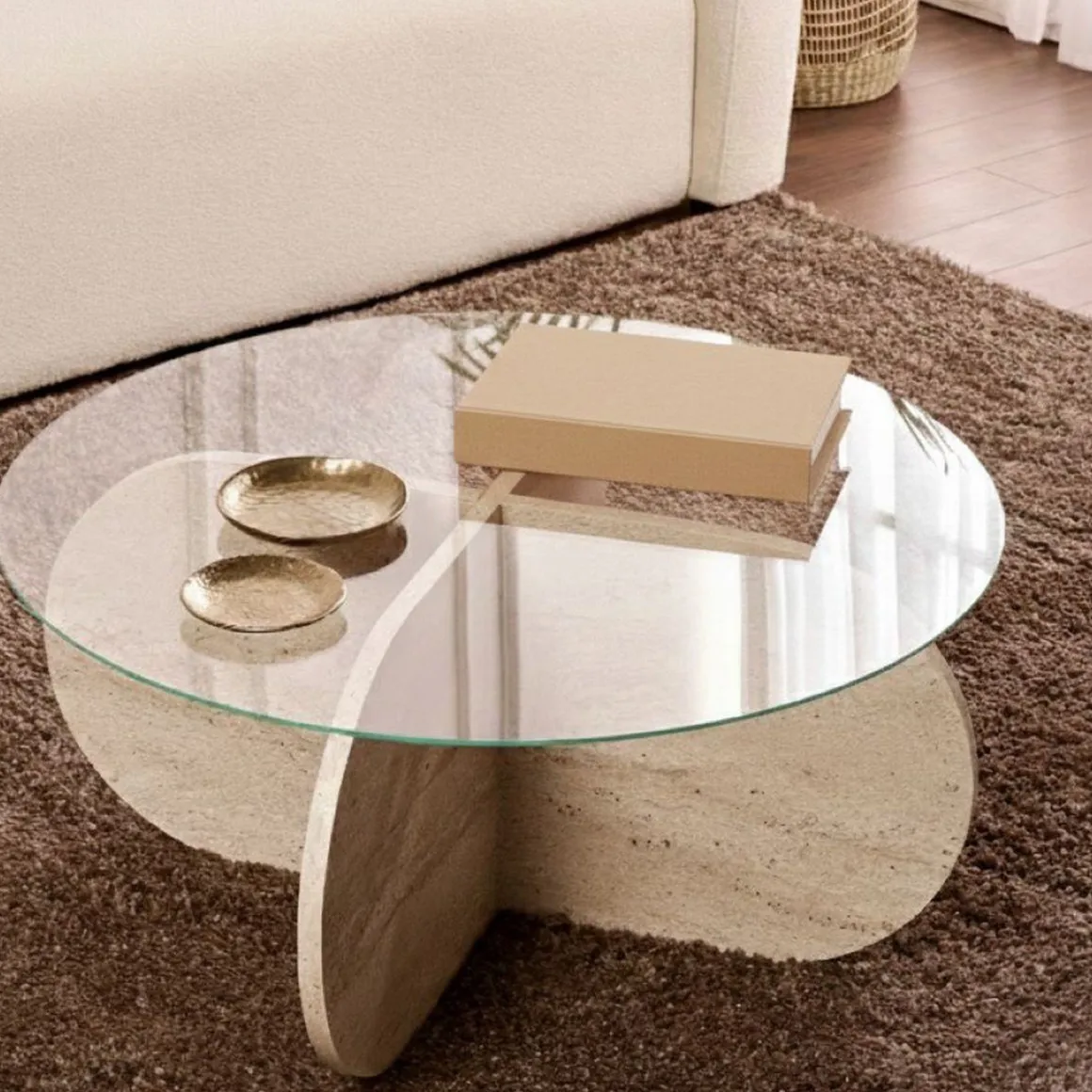 Tavolini Da Salotto > Dmora Tavolino da Salotto Forma Rotondo Materiale Piano in Vetro 75x75x40h cm, Colore Ripiano Trasparente - Canevino Bianco Marmo