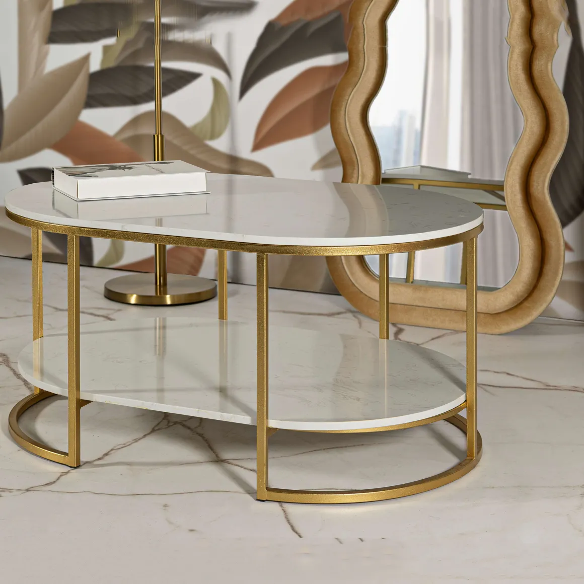 Tavolino da Salotto Bianco Marmo oro Forma Ovale Colore Ripiano Bianco 90x60x45h cm, Materiale Struttura in Metallo - Bafarane