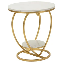 Tavolini Da Salotto > Dmora Tavolino da Salotto Bianco Marmo oro set da 2, Ripiano Effetto Marmo Forma Rotondo 46x46x55h cm, Colore Ripiano Bianco - Alexan Oro, Bianco Marmo