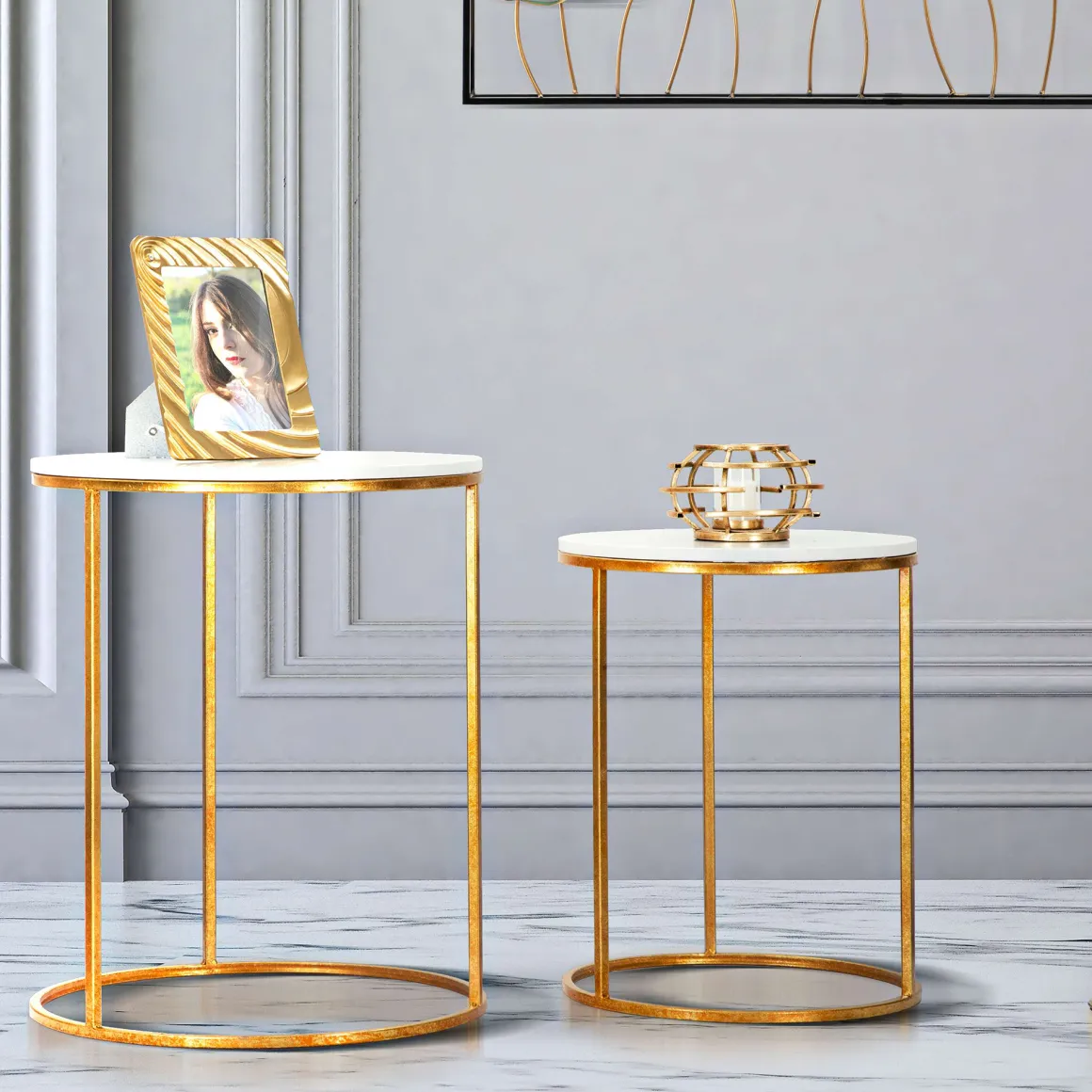 Tavolino da Salotto Bianco Marmo oro set da 2, Ripiano Effetto Marmo Forma Rotondo 52x52x63h cm, Colore Ripiano Bianco - Jomsom