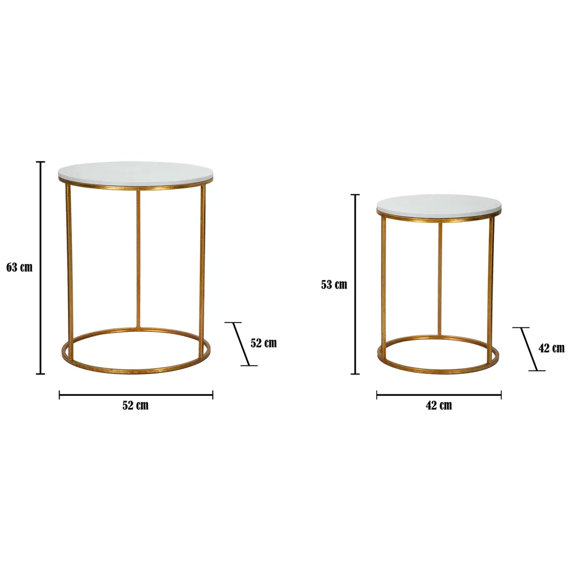 Tavolino da Salotto Bianco Marmo oro set da 2, Ripiano Effetto Marmo Forma Rotondo 52x52x63h cm, Colore Ripiano Bianco - Jomsom