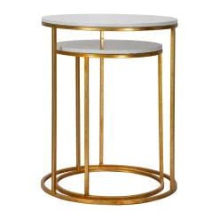Tavolino da Salotto Bianco Marmo oro set da 2, Ripiano Effetto Marmo Forma Rotondo 52x52x63h cm, Colore Ripiano Bianco - Jomsom