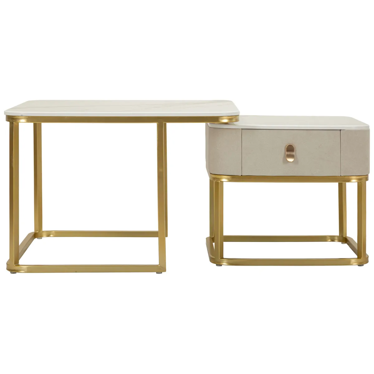 Tavolini Da Salotto > Dmora Tavolino da Salotto Bianco Marmo oro un Cassetto set da 2 Componibile 70x70x48h cm, Forma Quadrato - Davarere Oro, Bianco Marmo
