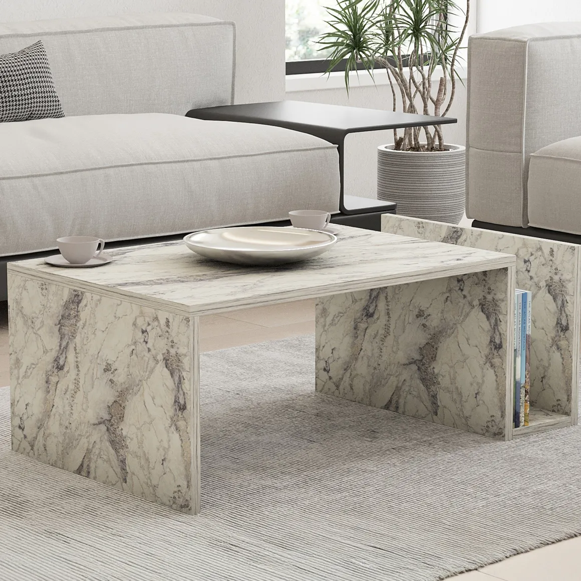 Tavolino da Salotto Bianco Marmo un Vano Forma Rettangolare 87x50x32h cm, Sfumatura Colore Ripiano Marmo - Piuro