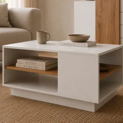 Tavolino da Salotto Bianco Marrone Rovere 2 Vani Forma Rettangolare 100x46x60h cm, Colore Ripiano Bianco - Karada